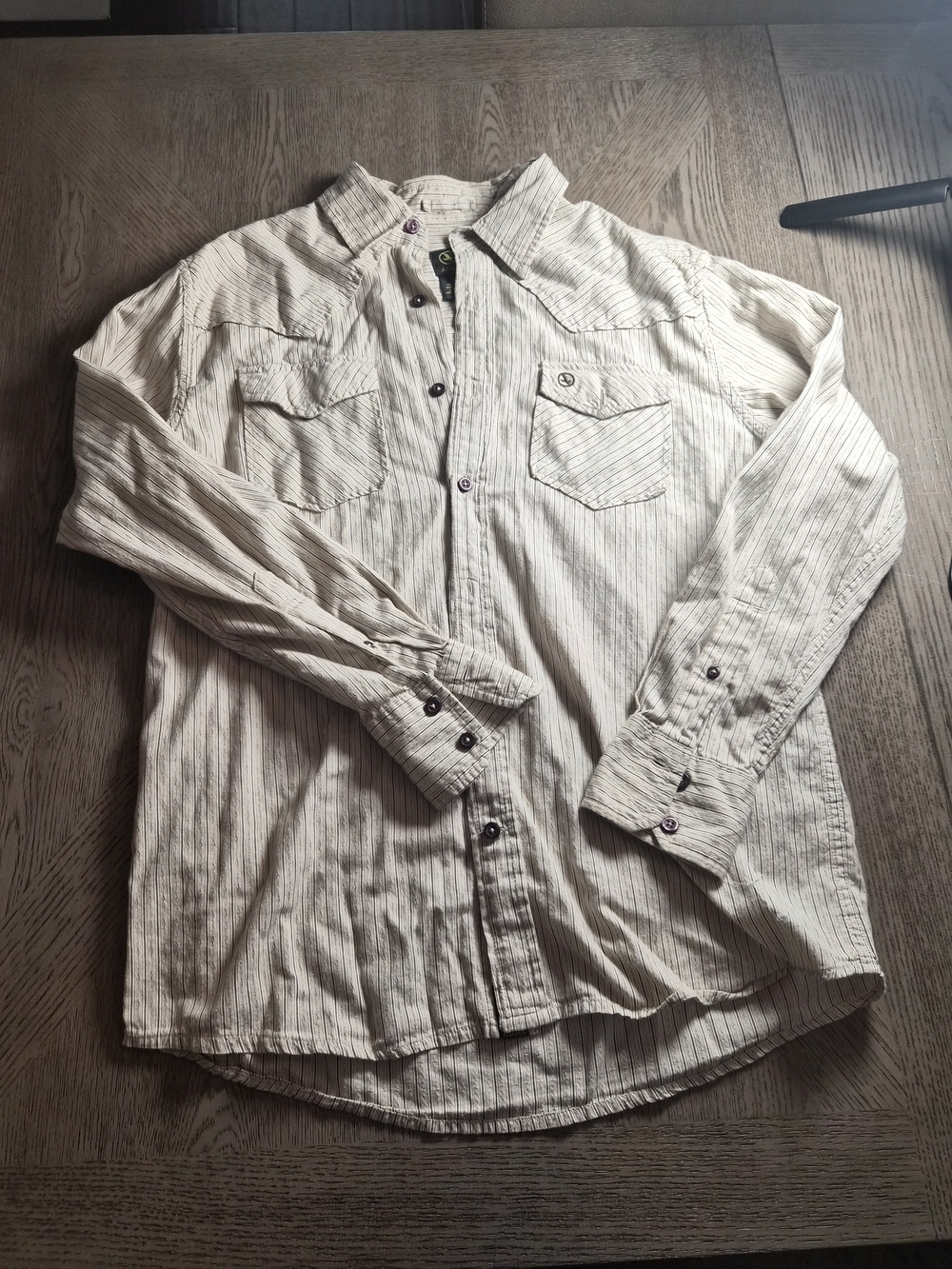 Aigle Men's Cream and Light Gray Striped Casual Button-Down Shirt